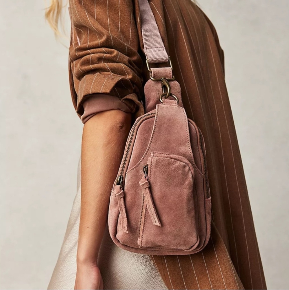 NWT Free People Hudson Sling Bag Crossbody Pink Suede Leather
